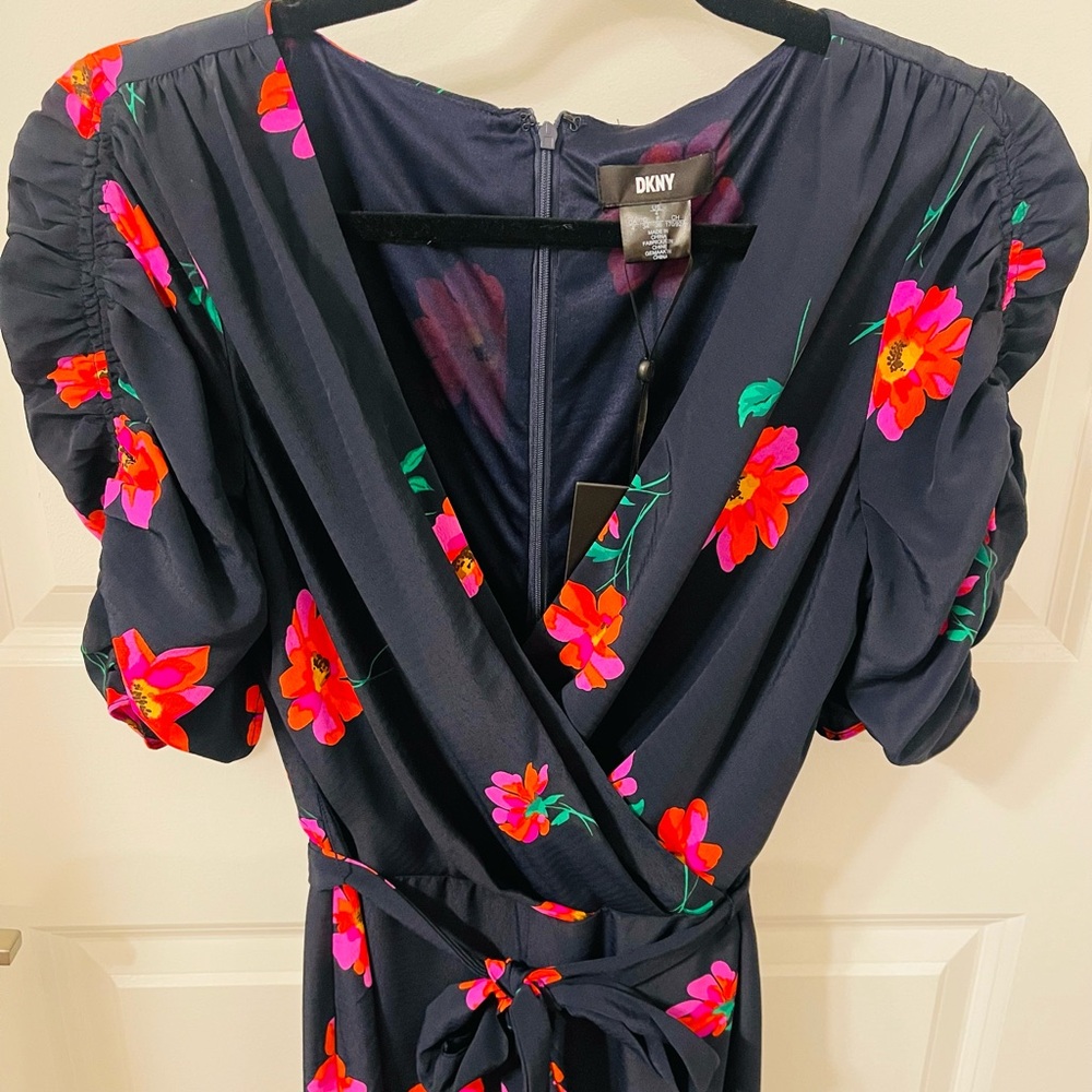 DKNY Floral Navy Puff Sleeve Jumpsuit , Size 4
